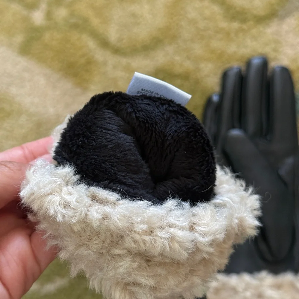 Nine West Black Faux Leather Gloves with Cream Faux Fur Cuffs